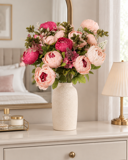 Blush & Rose Pink Artificial Peony Bouquet styled in a ceramic vase on a dresser (vase sold separately)