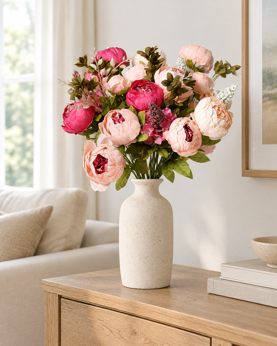 Blush & Rose Pink Artificial Peony Bouquet styled in a ceramic vase on a console table (vase sold separately)