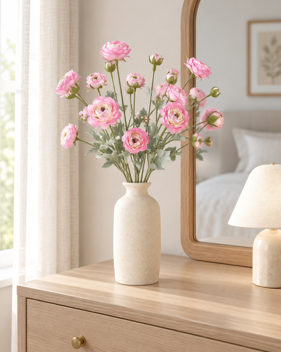 Pink Artificial Ranunculus Stems styled in a ceramic vase on a dresser (vase sold separately)