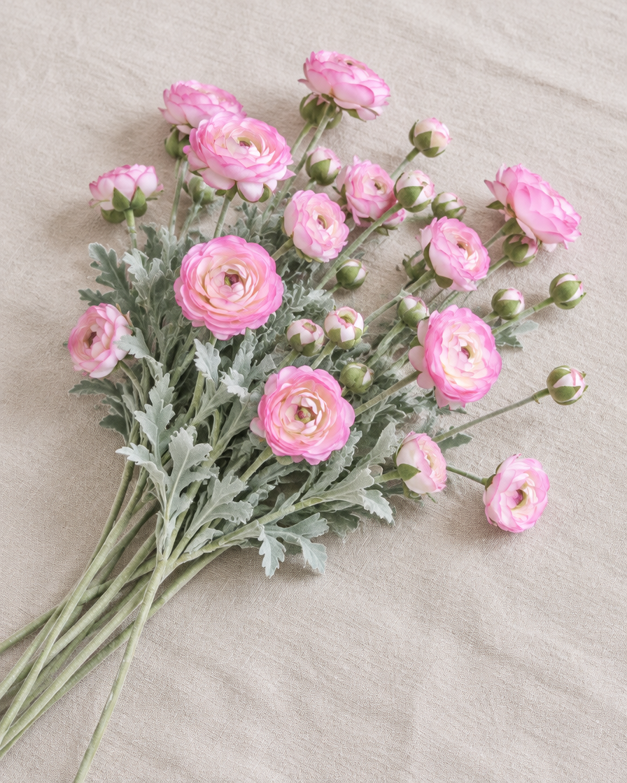 Pink Artificial Ranunculus Stems, shown alone on a linen background