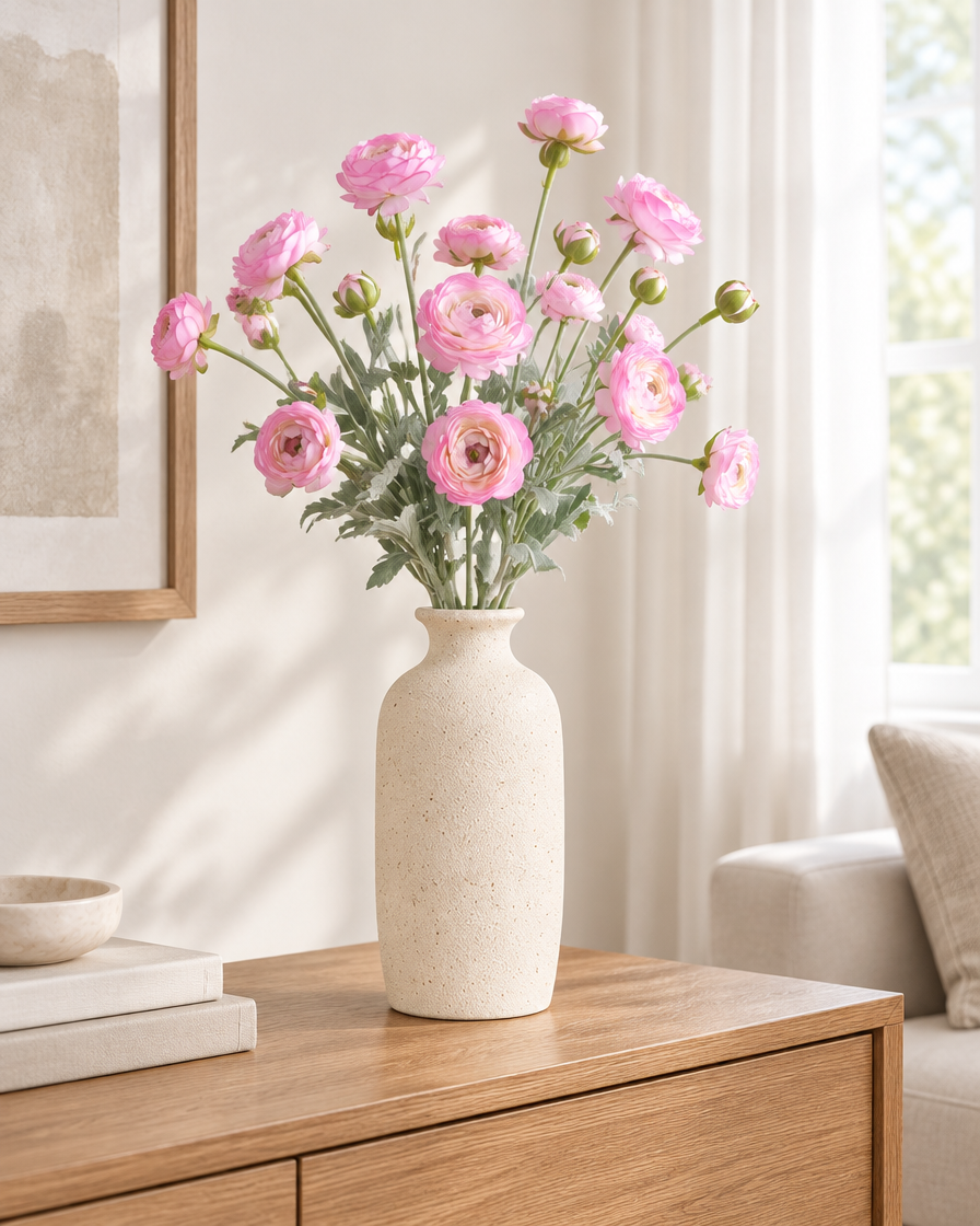 Pink Artificial Ranunculus Stems styled in a ceramic vase on a console table (vase sold separately)