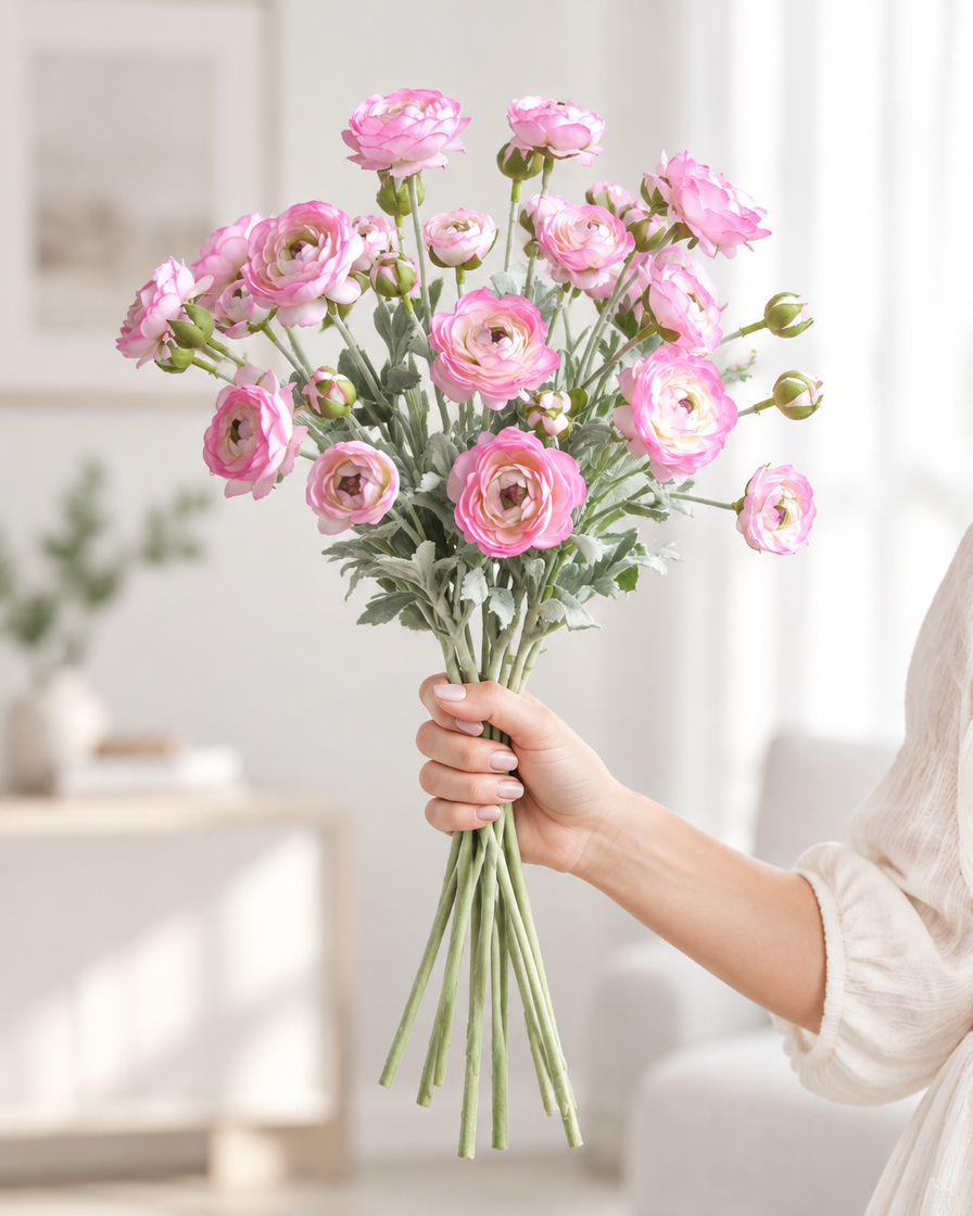 Pink Artificial Ranunculus Stems held in a hand