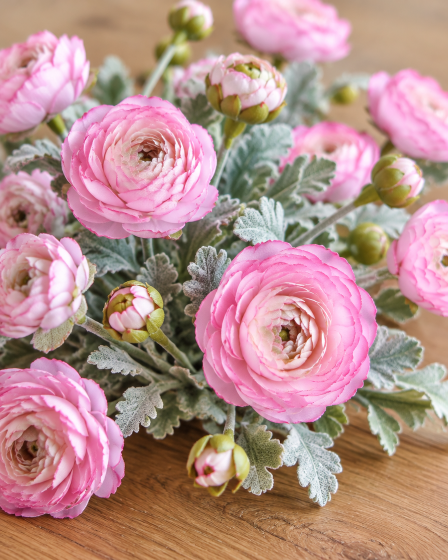 Close-up detail of the pink artificial ranunculus stems on an oak table