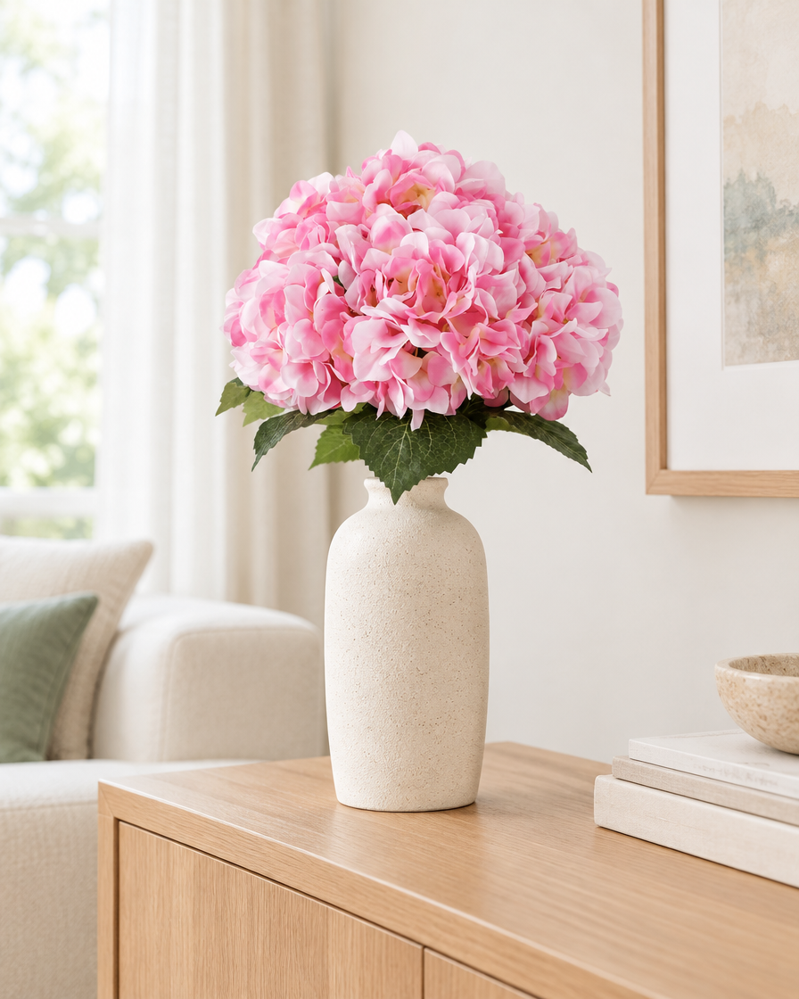Pink Artificial Hydrangea Bouquet styled in a ceramic vase on a console table (vase sold separately)