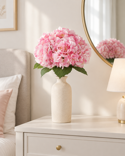 Pink Artificial Hydrangea Bouquet styled in a ceramic vase on a dresser (vase sold separately)