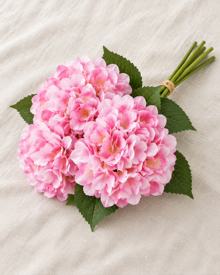 Pink Artificial Hydrangea Bouquet, shown alone on a linen background