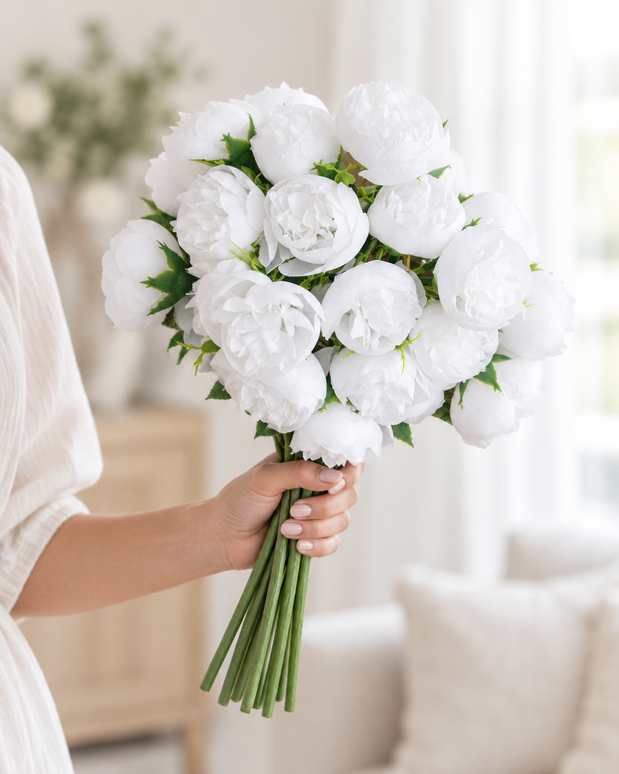 White Artificial Peony Bunch held in a hand