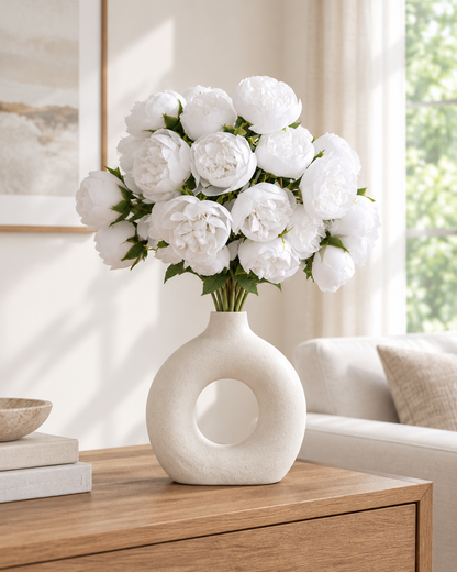 White Artificial Peony Bunch styled in a ceramic vase on a console table (vase sold separately)