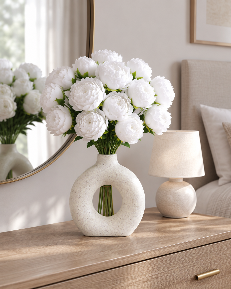 White Artificial Peony Bunch styled in a ceramic vase on a dresser (vase sold separately)