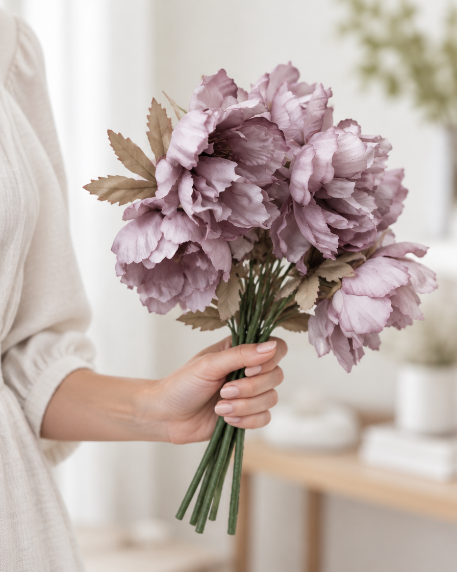 Smoky Mauve Artificial Peony Bunch held in a hand