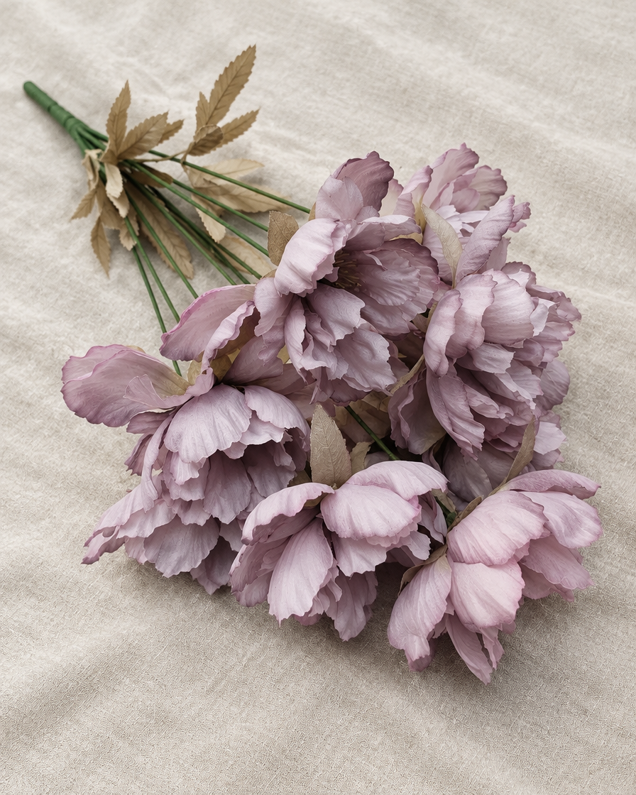 Smoky Mauve Artificial Peony Bunch, shown alone on a linen background