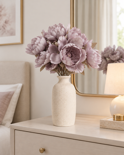 Smoky Mauve Artificial Peony Bunch styled in a ceramic vase on a dresser (vase sold separately)