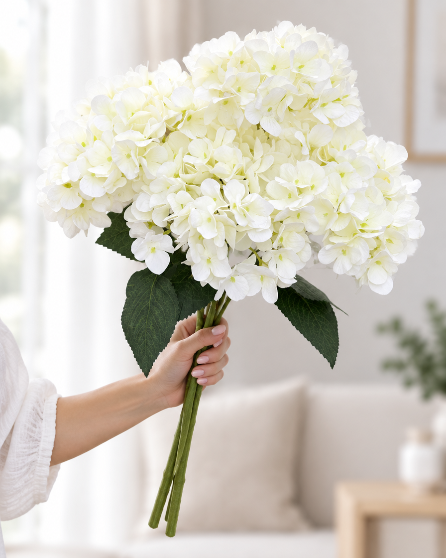 Cream White Artificial Hydrangea Bouquet held in a hand