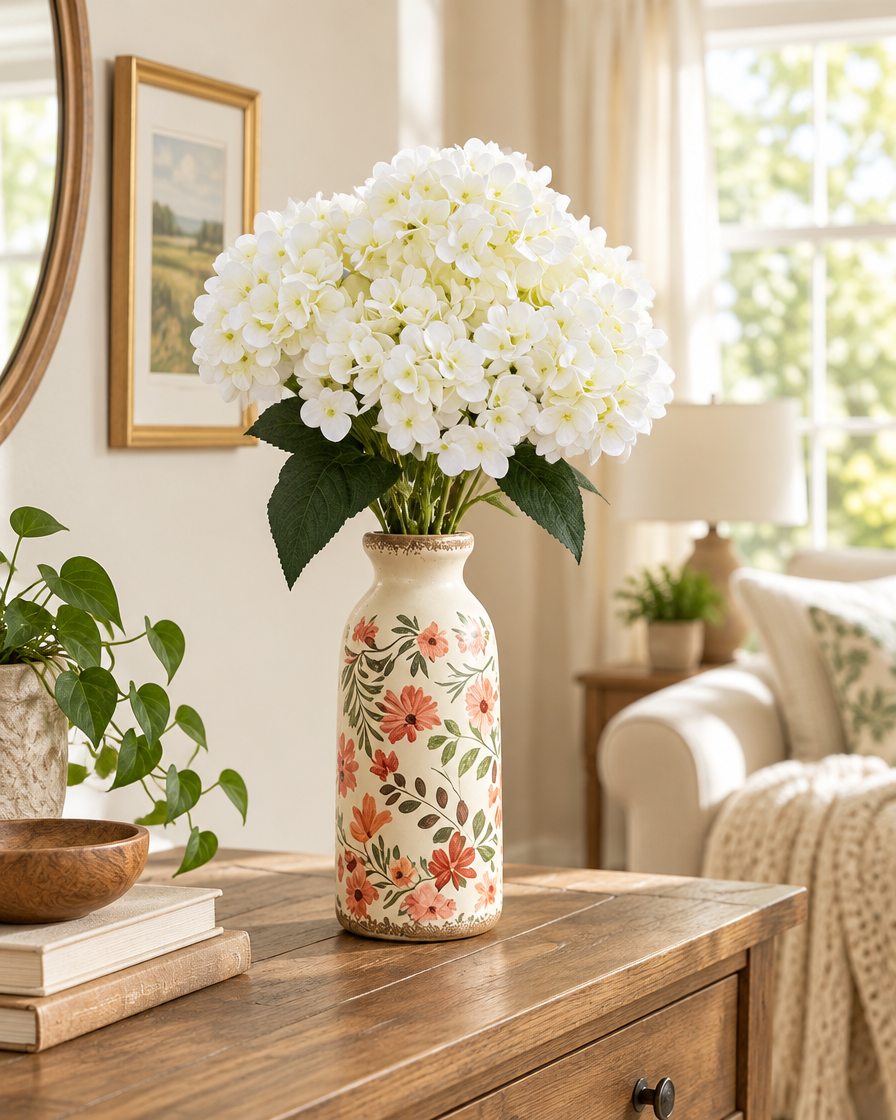 Cream White Artificial Hydrangea Bouquet styled in a ceramic vase on a console table (vase sold separately)