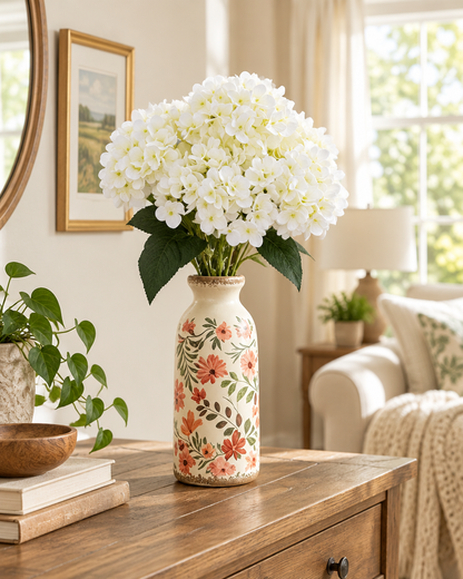 Cream White Artificial Hydrangea Bouquet styled in a ceramic vase on a console table (vase sold separately)