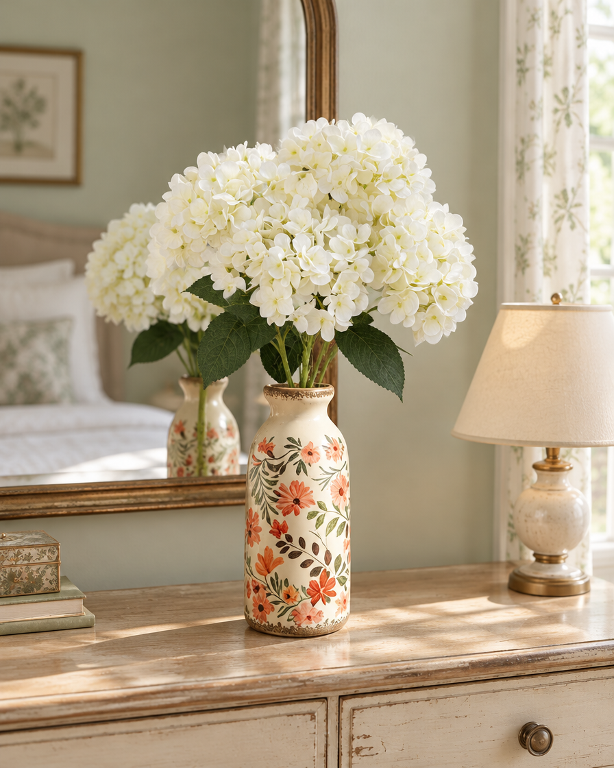 Cream White Artificial Hydrangea Bouquet styled in a ceramic vase on a dresser (vase sold separately)