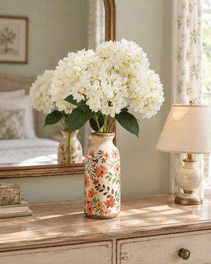 Cream White Artificial Hydrangea Bouquet styled in a ceramic vase on a dresser (vase sold separately)