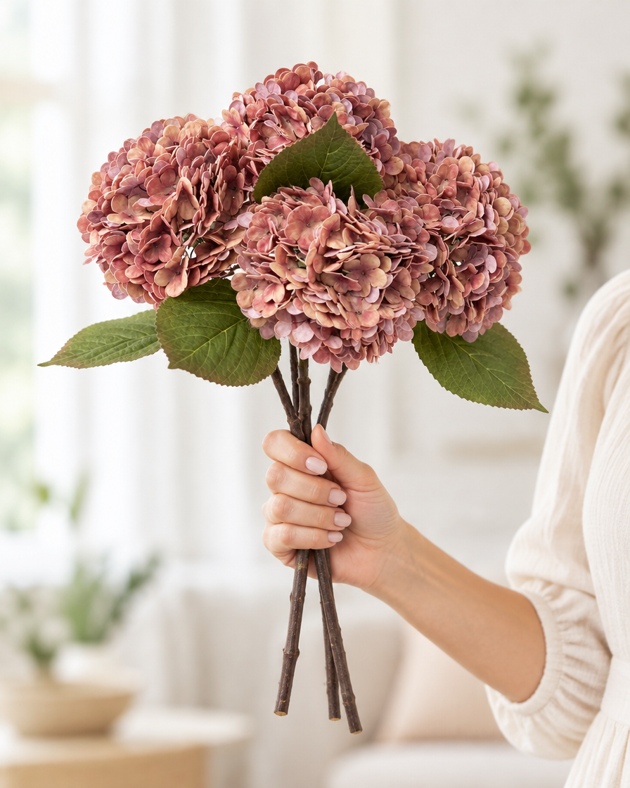 Dusty Rose Artificial Hydrangea Stems held in a hand