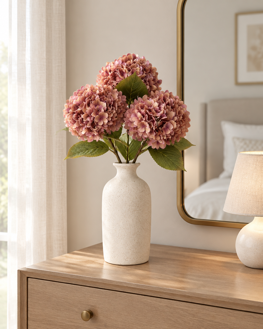 Dusty Rose Artificial Hydrangea Stems styled in a ceramic vase on a dresser (vase sold separately)
