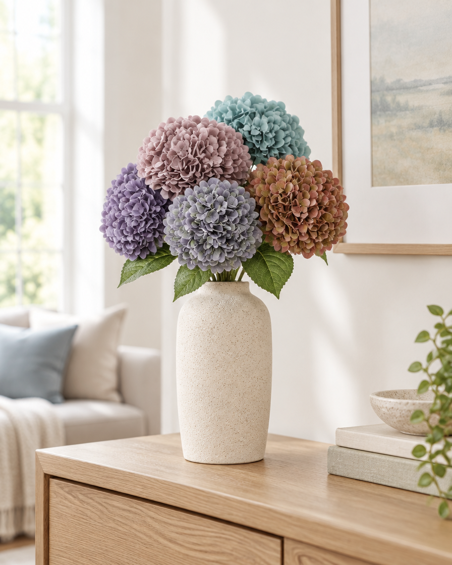 Multicolour Artificial Hydrangea Bouquet styled in a ceramic vase on a console table (vase sold separately)