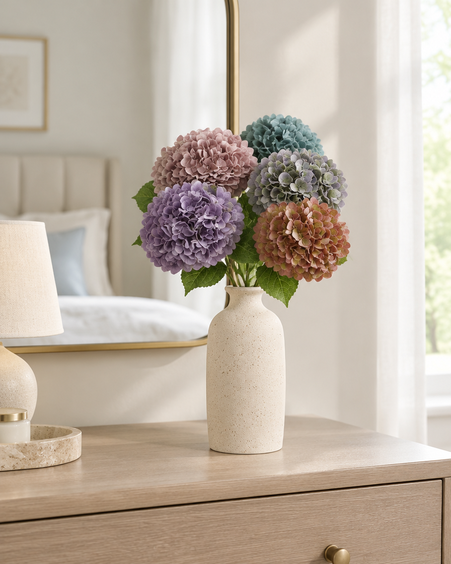 Multicolour Artificial Hydrangea Bouquet styled in a ceramic vase on a dresser (vase sold separately)