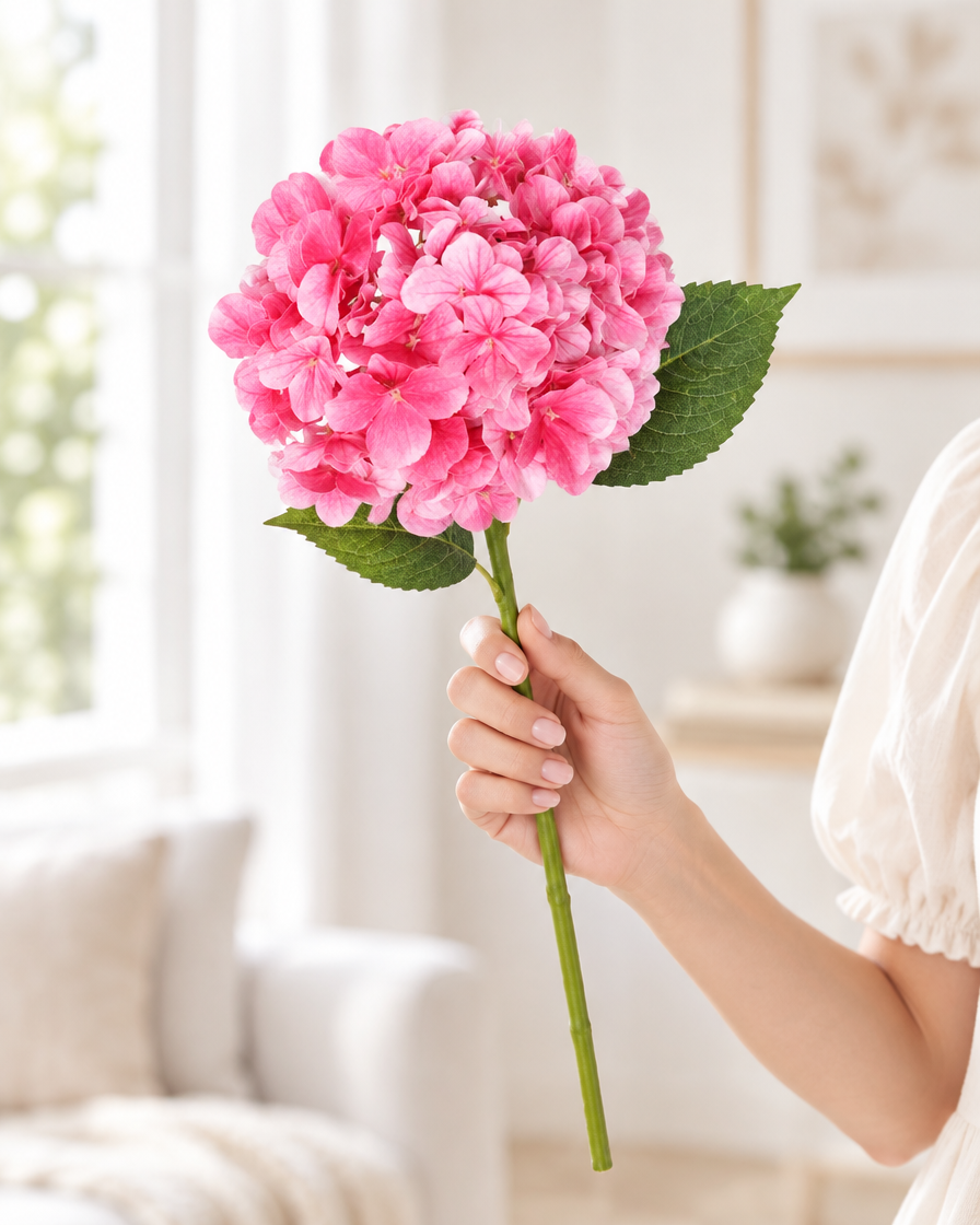 Hot Pink Artificial Hydrangea Stem held in a hand
