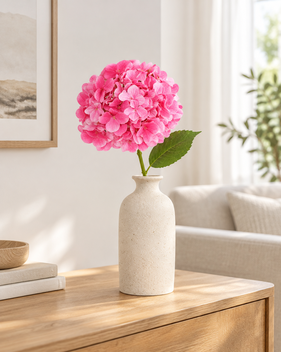 Hot Pink Artificial Hydrangea Stem styled in a ceramic vase on a console table (vase sold separately)