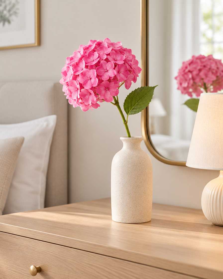 Hot Pink Artificial Hydrangea Stem styled in a ceramic vase on a dresser (vase sold separately)
