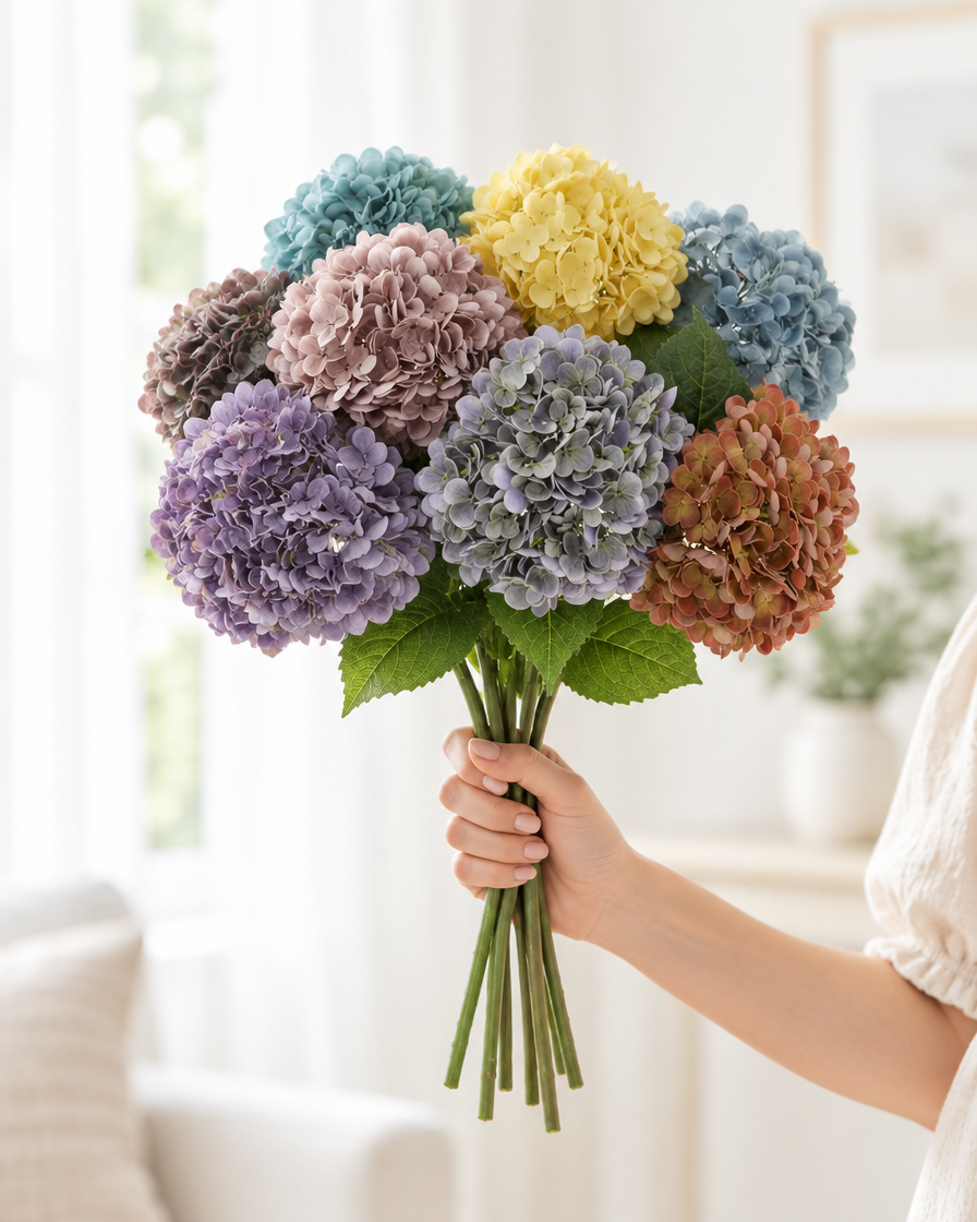 Multicolour Artificial Hydrangea Bouquet held in a hand