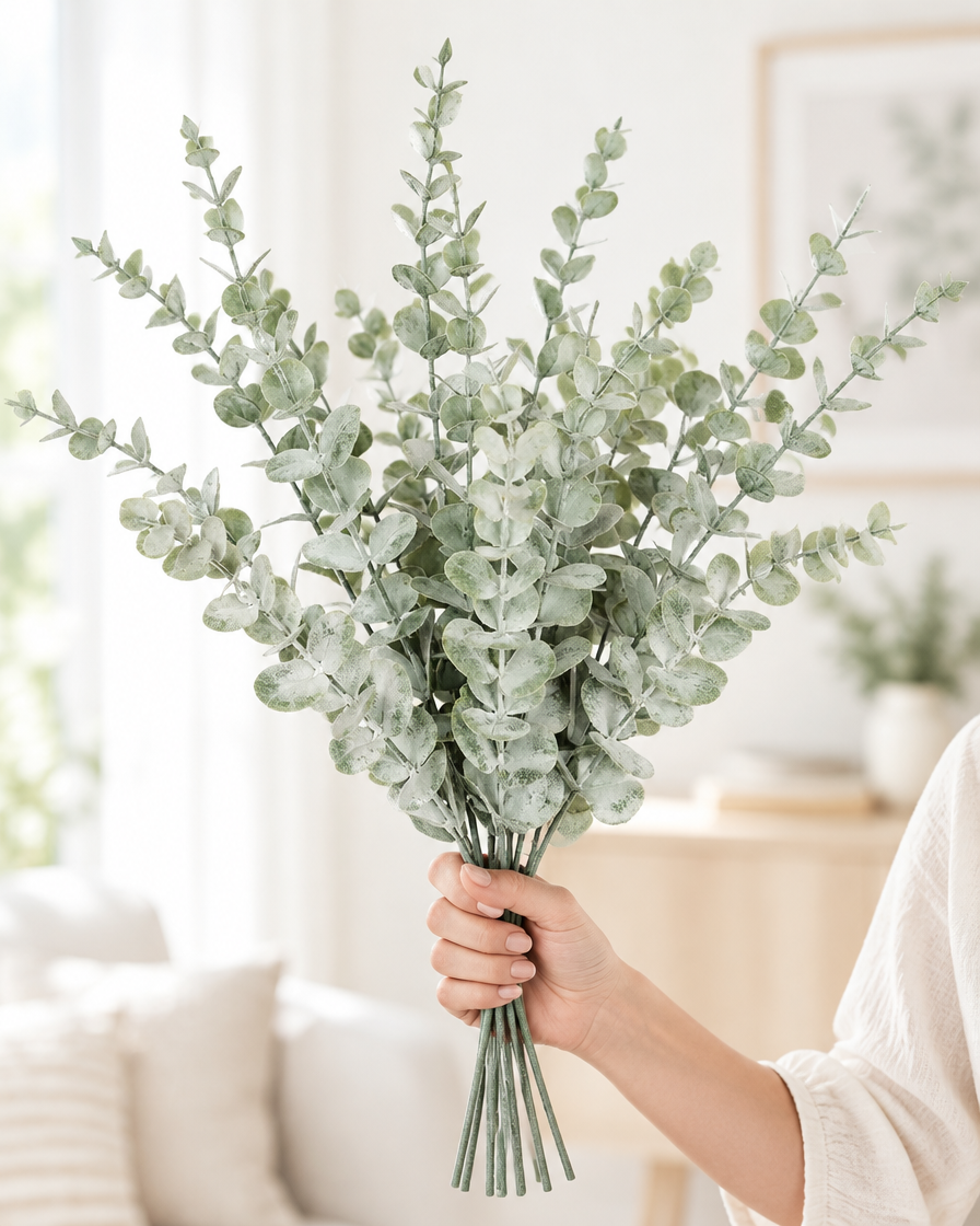 Frosted Sage Artificial Eucalyptus Stems held in a hand