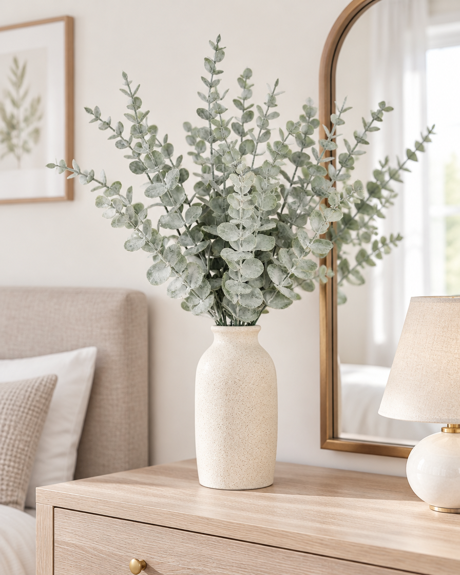 Frosted Sage Artificial Eucalyptus Stems styled in a ceramic vase on a dresser (vase sold separately)