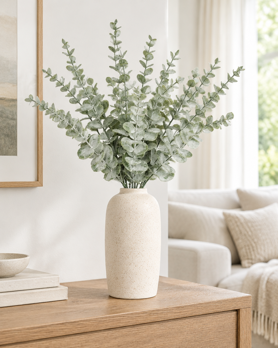Frosted Sage Artificial Eucalyptus Stems styled in a ceramic vase on a console table (vase sold separately)