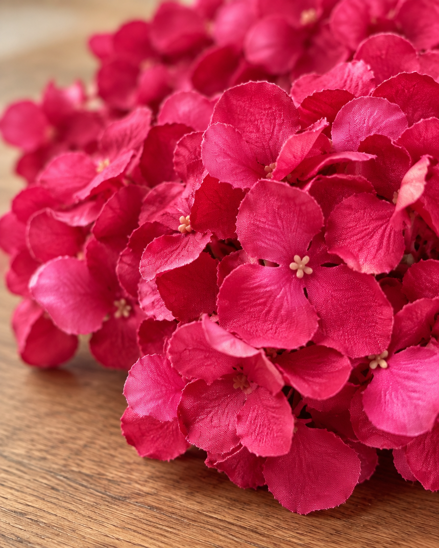 Close-up detail of the rose red artificial hydrangea bouquet on an oak table