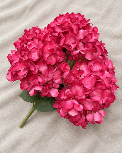 Rose Red Artificial Hydrangea Bouquet, shown alone on a linen background