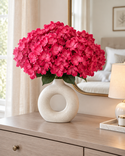 Rose Red Artificial Hydrangea Bouquet styled in a ceramic vase on a dresser (vase sold separately)
