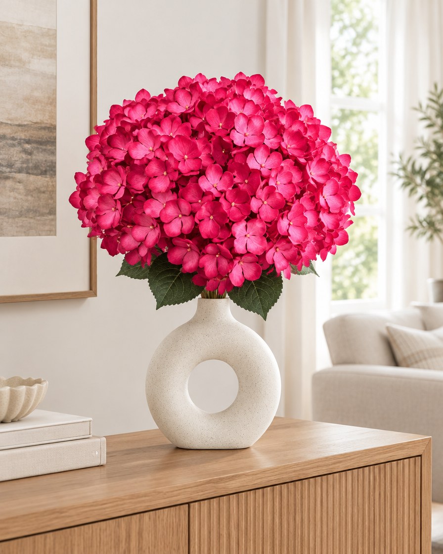Rose Red Artificial Hydrangea Bouquet styled in a ceramic vase on a console table (vase sold separately)