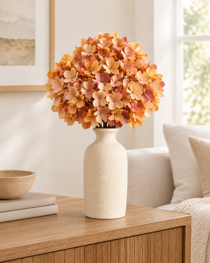 Amber Orange Artificial Hydrangea Bouquet styled in a ceramic vase on a console table (vase sold separately)