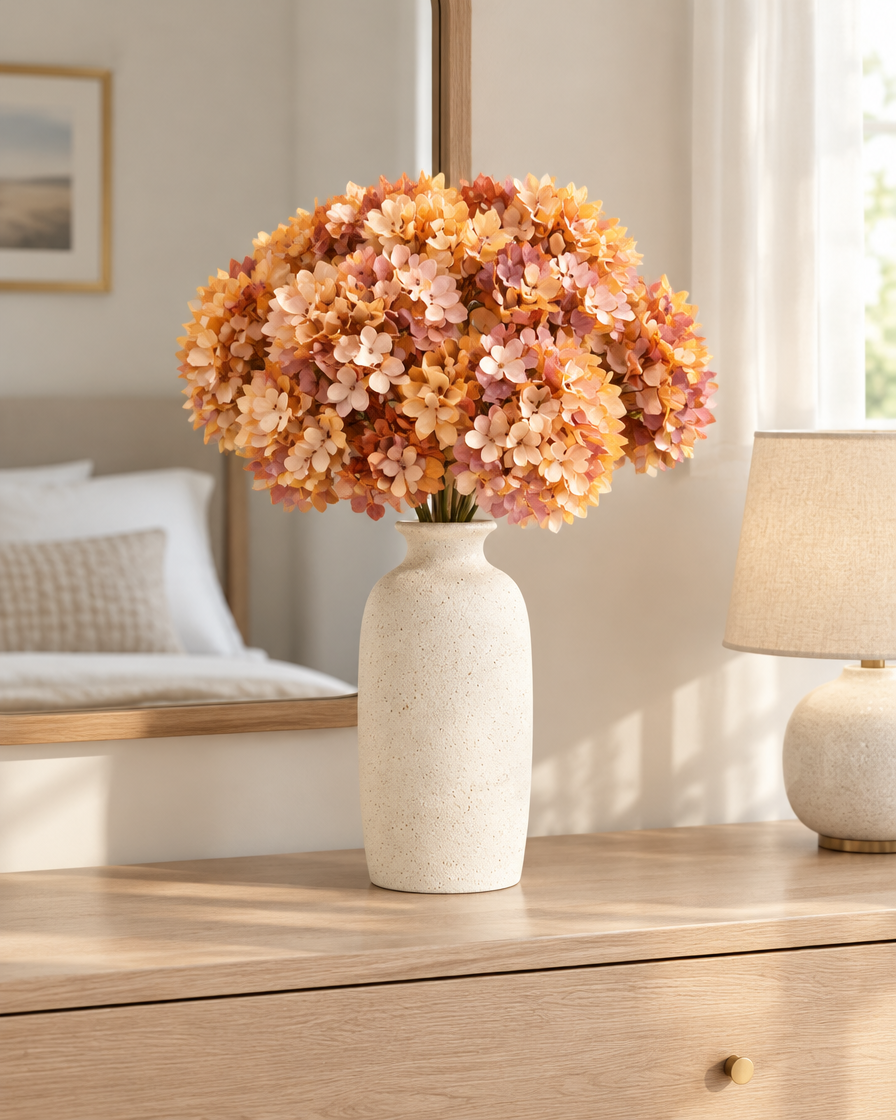 Amber Orange Artificial Hydrangea Bouquet styled in a ceramic vase on a dresser (vase sold separately)