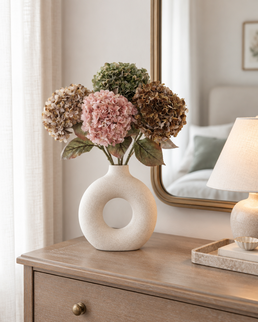 Vintage Multicolour Artificial Hydrangea Bouquet styled in a ceramic vase on a dresser (vase sold separately)