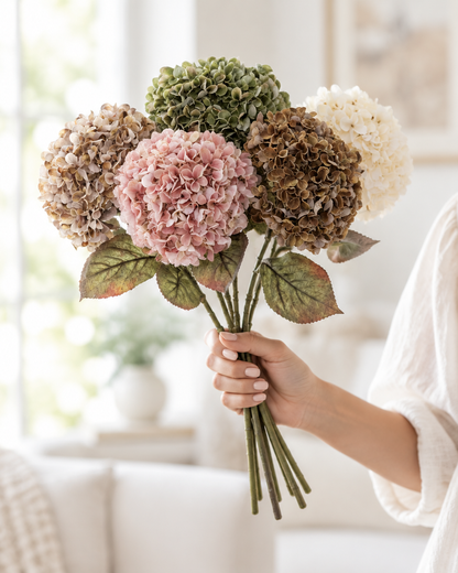 Vintage Multicolour Artificial Hydrangea Bouquet held in a hand