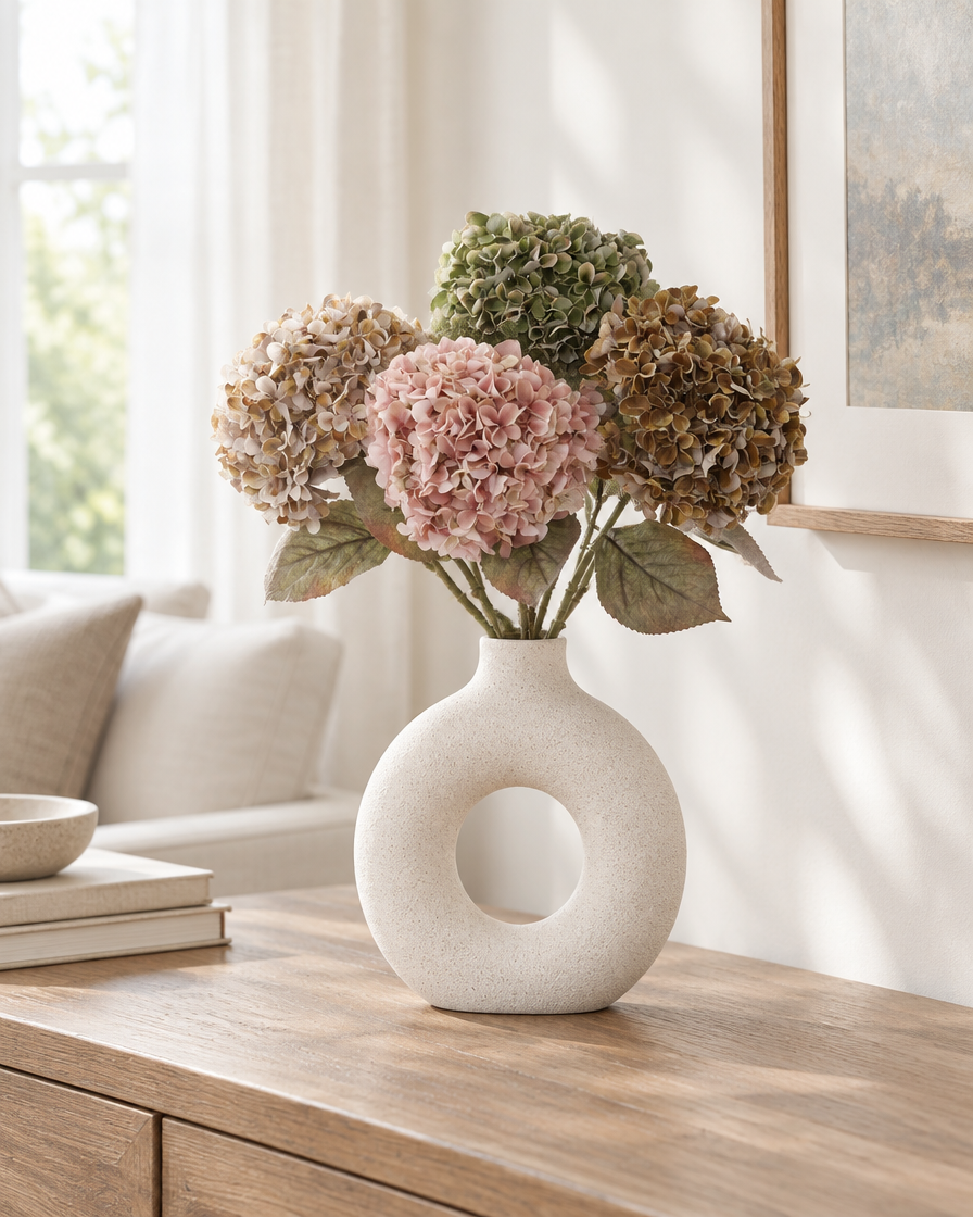 Vintage Multicolour Artificial Hydrangea Bouquet styled in a ceramic vase on a console table (vase sold separately)