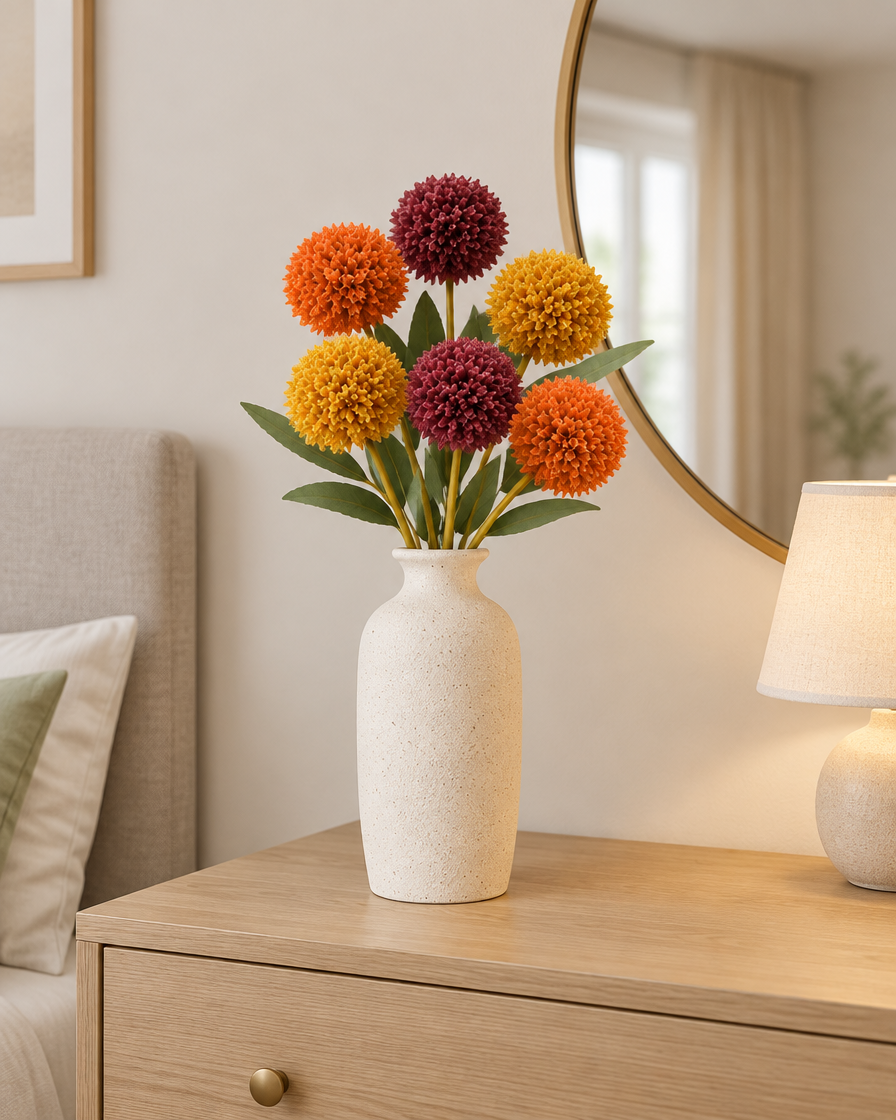 Autumn Artificial Pom-Pom Flower Stems styled in a ceramic vase on a dresser (vase sold separately)