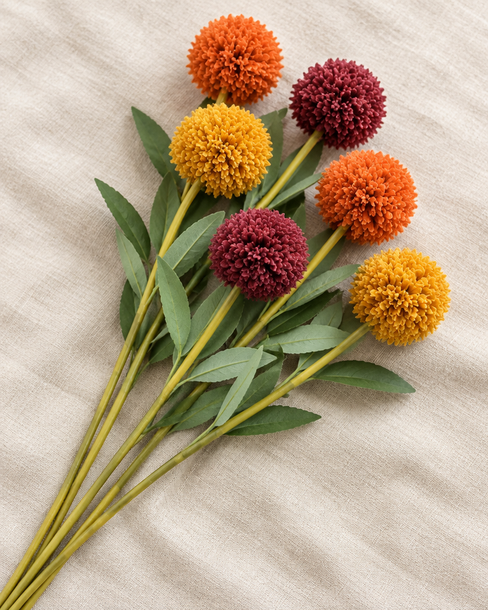 Autumn Artificial Pom-Pom Flower Stems, shown alone on a linen background