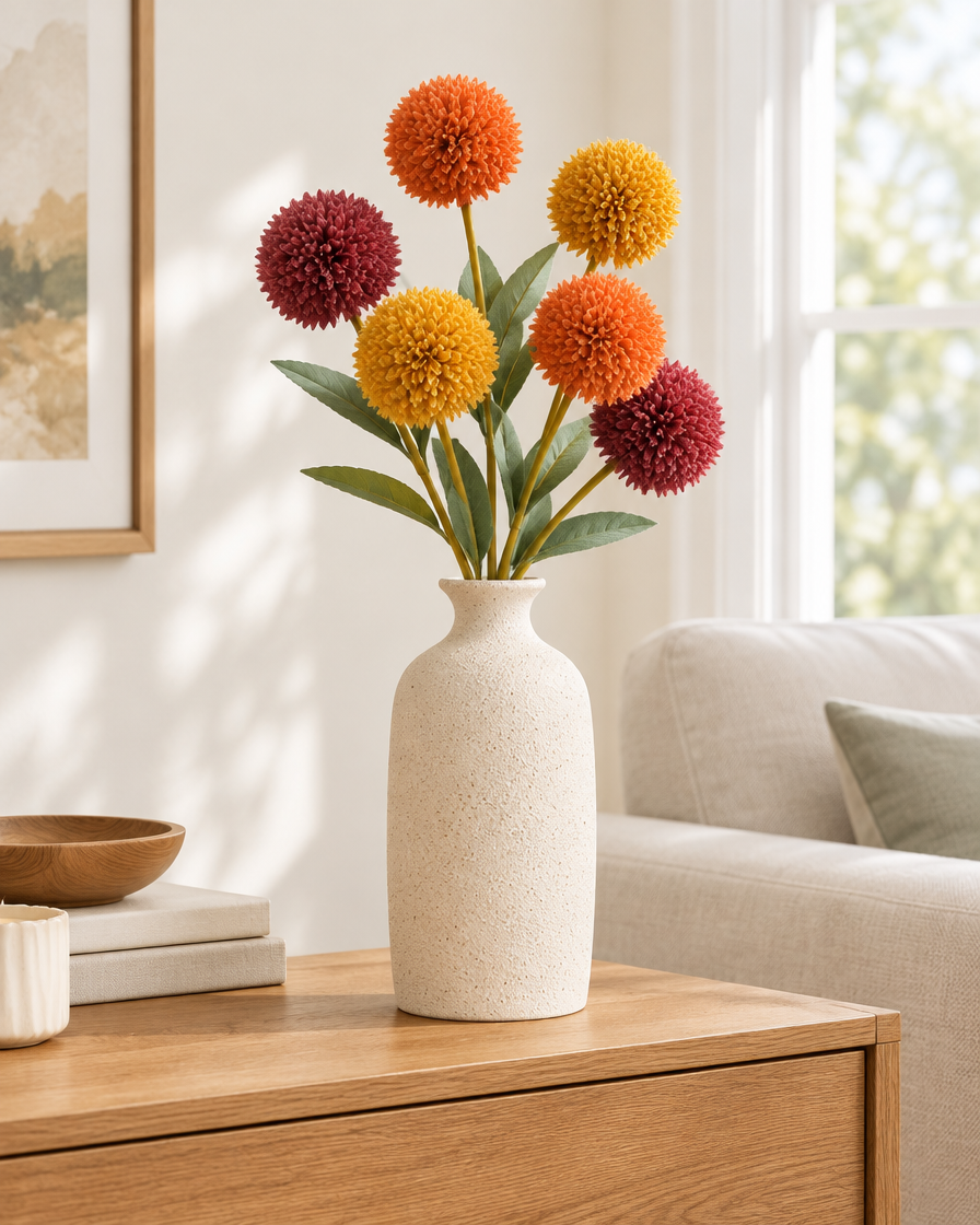 Autumn Artificial Pom-Pom Flower Stems styled in a ceramic vase on a console table (vase sold separately)