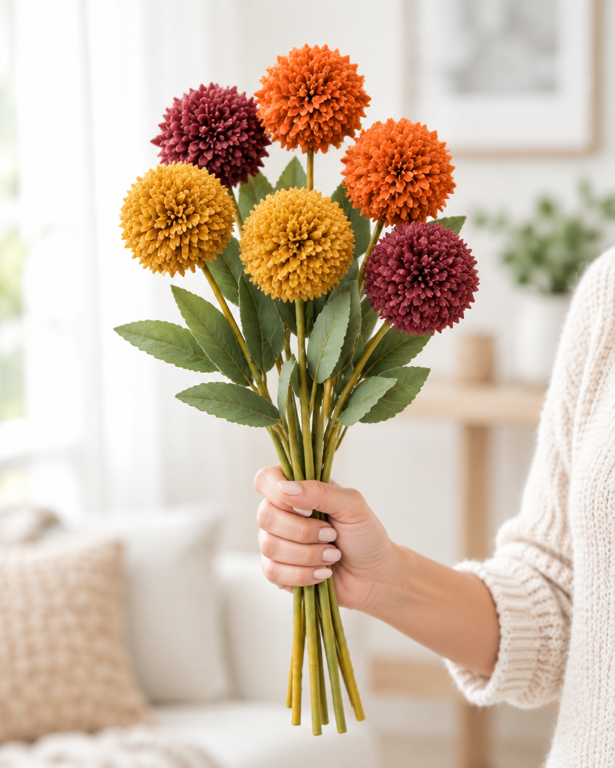 Autumn Artificial Pom-Pom Flower Stems held in a hand