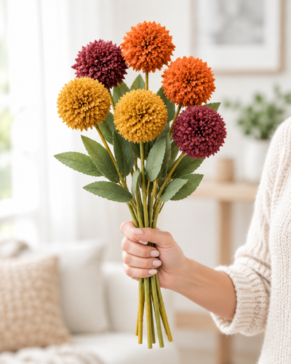 Autumn Artificial Pom-Pom Flower Stems held in a hand