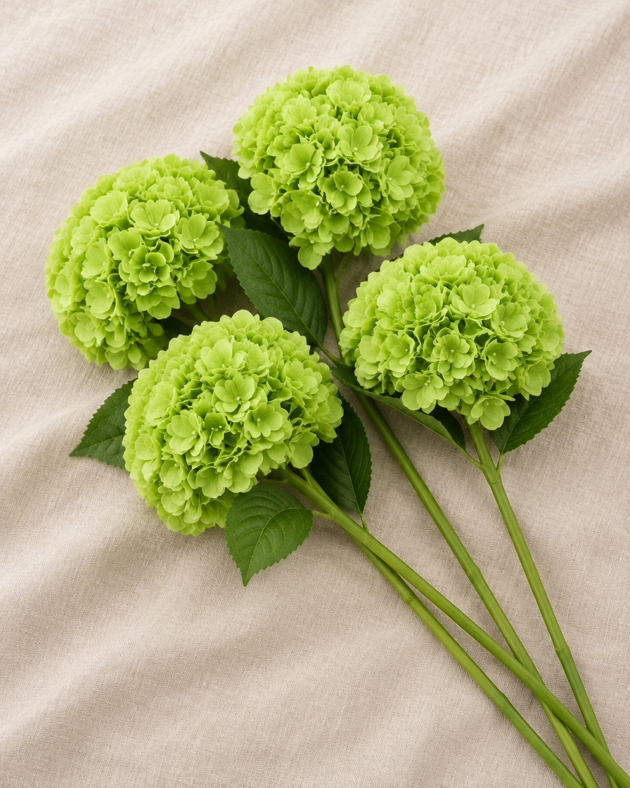 Apple Green Artificial Hydrangea Stems, shown alone on a linen background