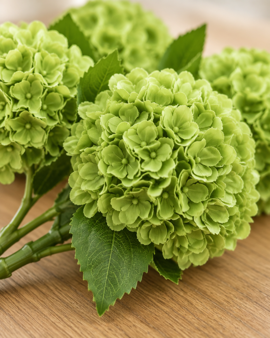 Close-up detail of the apple green artificial hydrangea stems on an oak table