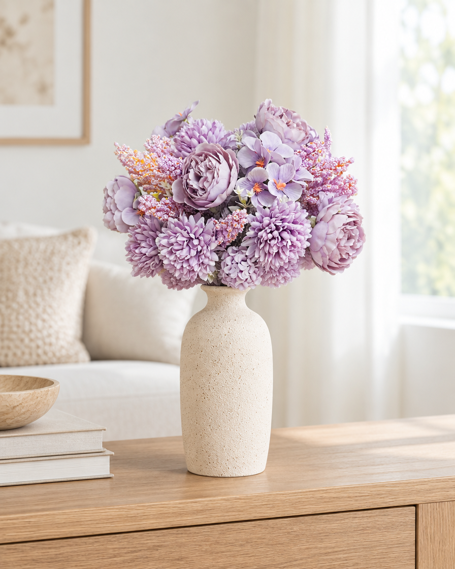 Lilac Artificial Peony & Hydrangea Bouquet styled in a ceramic vase on a console table (vase sold separately)