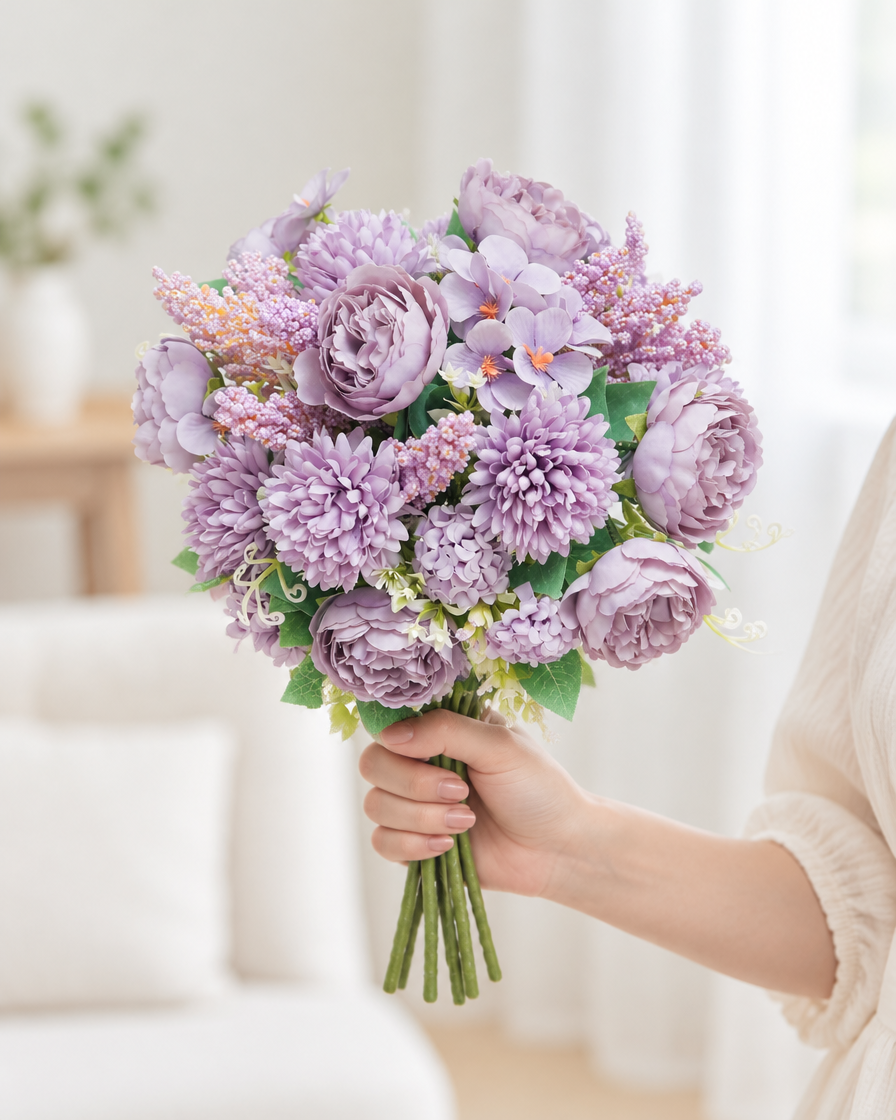 Lilac Artificial Peony & Hydrangea Bouquet held in a hand